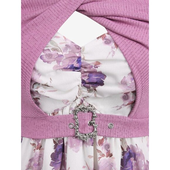 Plus Size Floral Sundress Set Chiffon Midi Crop Top Casual Summer - Picture 2 of 5